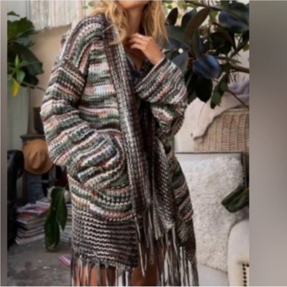 UNIQ Womens Cardigan Boho Western Fringe Open Front Oversized Knit Sweater Small